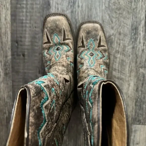 Corral Boots Vintage Aztec Bronze Turquoise Western Cowboy Boots E1052 Girls 3.5 - Picture 6 of 9